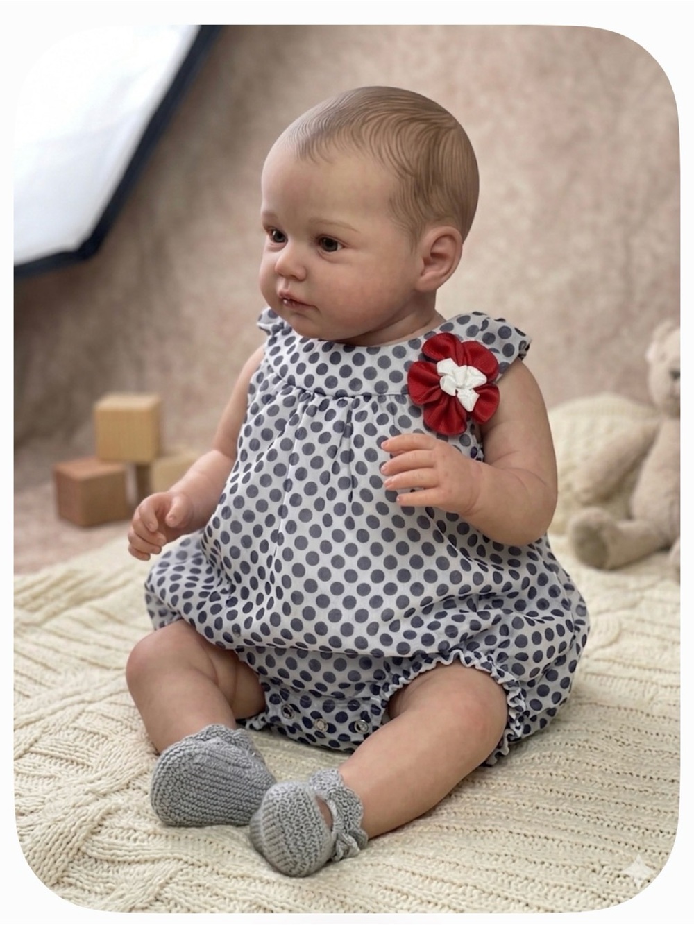 Rare Editions Gray Polka Dot Bib with Red Flower Accent